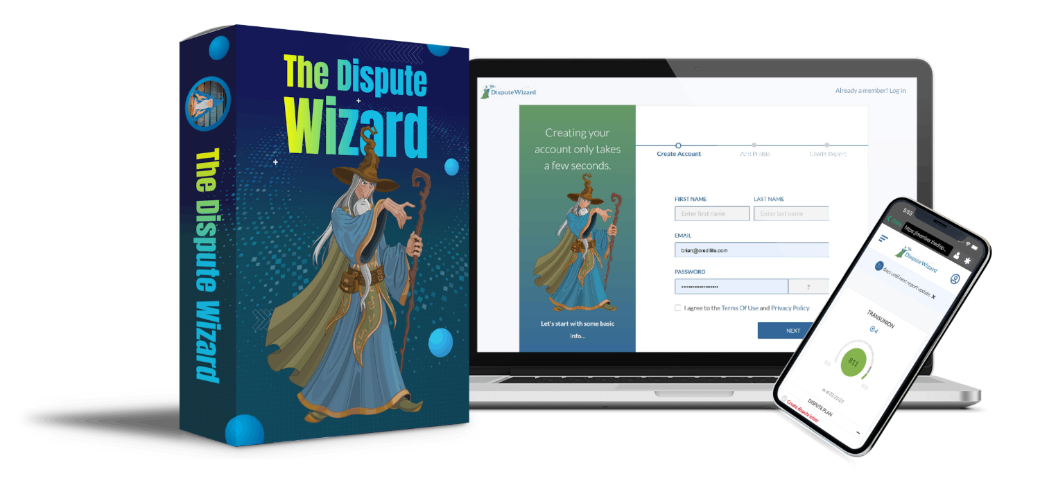 Discover the Dispute Wizard software, illustrated as boxed software, simplifying DIY credit repair accessible via computer or smartphone, empowering users with convenience and efficiency in their financial journey